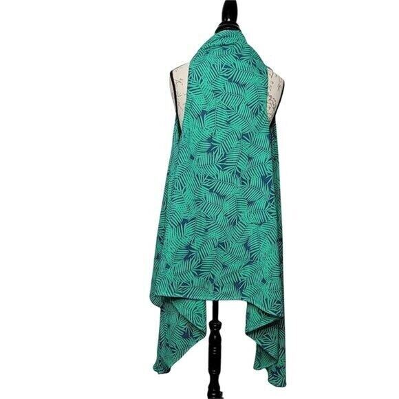 Juvi Green & Navy Palm Print Sleeveless Draped Open Front Swim Coverup Large - Picture 3 of 5